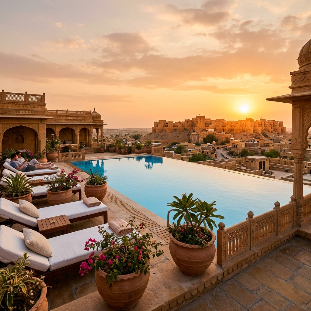 Rooftop infinity pool overlooking Jaisalmer Fort at golden hour
