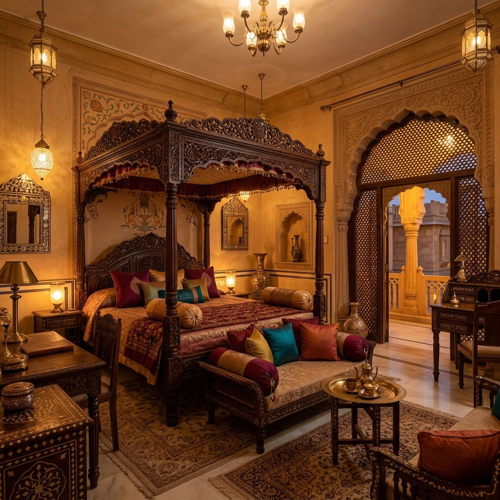 Opulent Rajasthani hotel room with ornate decor and warm lighting