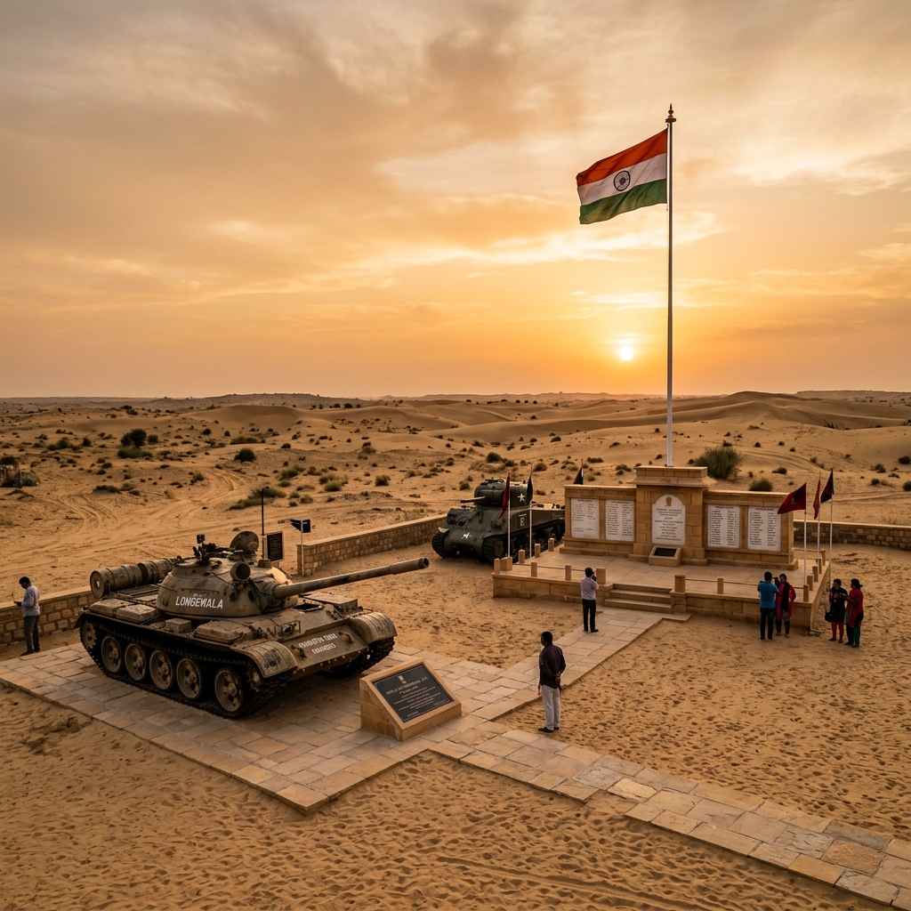 Longewala war memorial with military tanks in Rajasthan desert