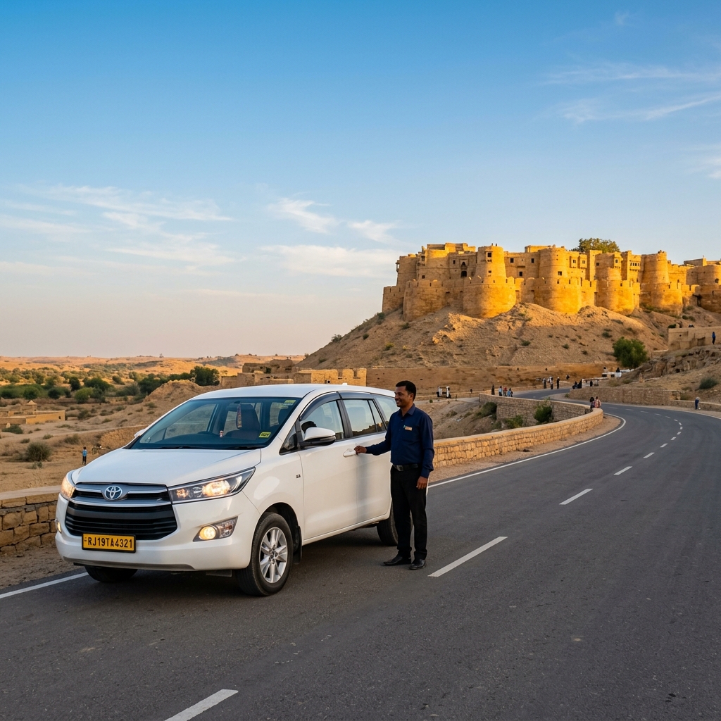 Premium taxi service with Jaisalmer Fort backdrop